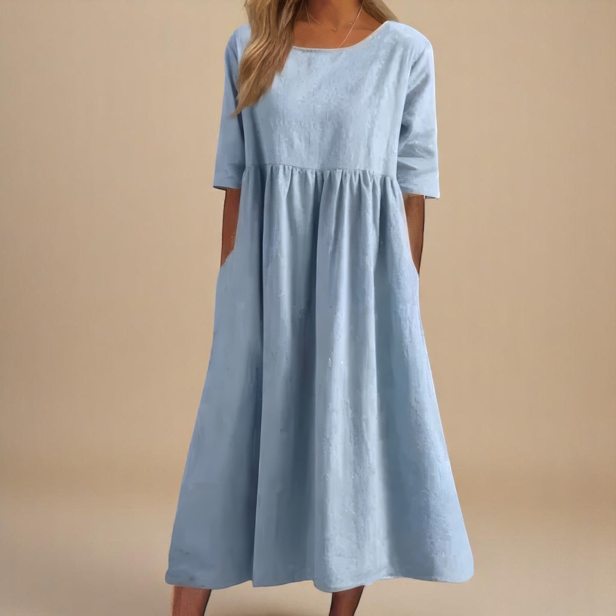 Kari™ | Bomulls Kjole med Rund Hals & Midje Detalj – For Letthet Gjennom Hver Dag