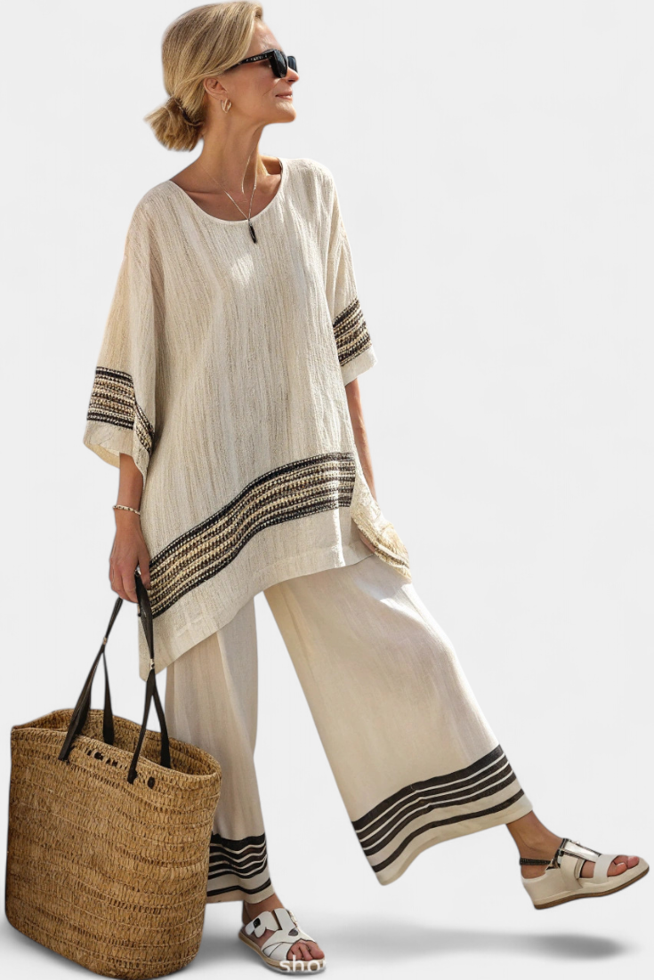 Anzaleira | Elegant Ethnic Bamboo Linen Set with Stripes