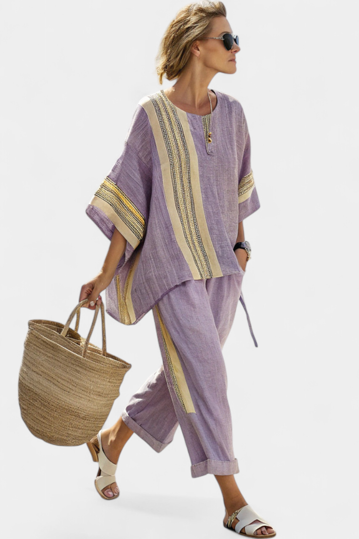Anzaleira | Elegant Ethnic Bamboo Linen Set with Stripes
