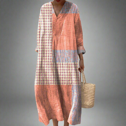 Nora | Coral Starburst Patchwork Midi Dress