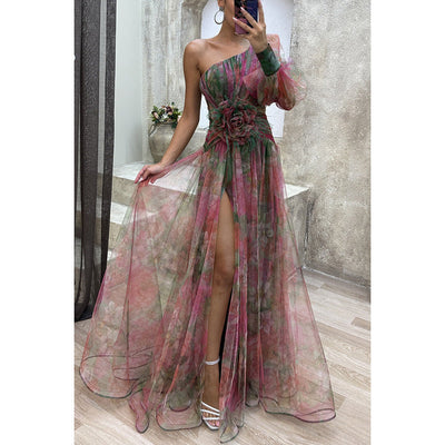 Giulia – Abito Lungo Tie-dye con Spalle Scoperte e Spacco