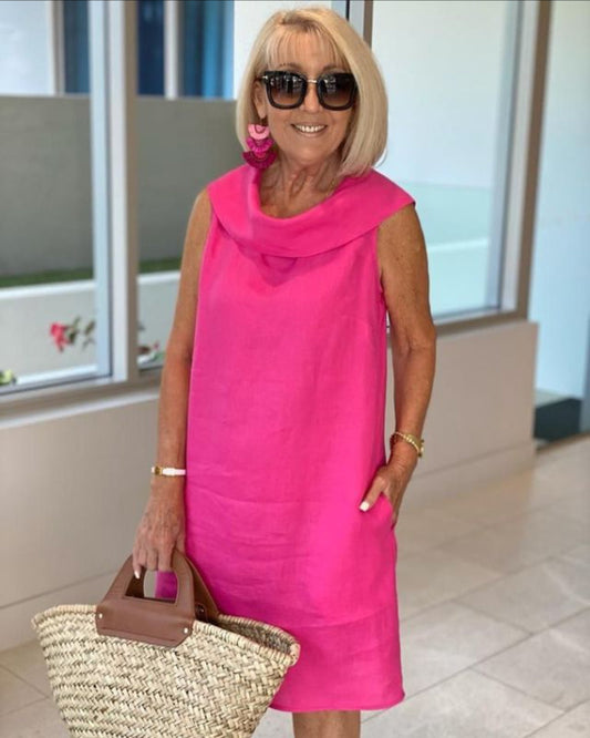 Marilène – Robe en Lin à Col Plissé